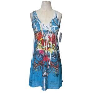 NEW Vintage Ocean Breeze Tattoo Print Rhinestone Mini Dress Womens Small Y2K